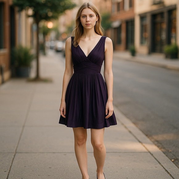 BCBG BCBGENERATION PURPLE PLEATED V-NECK SLEEVELESS MINI DRESS SIZE 6 - Picture 1 of 12